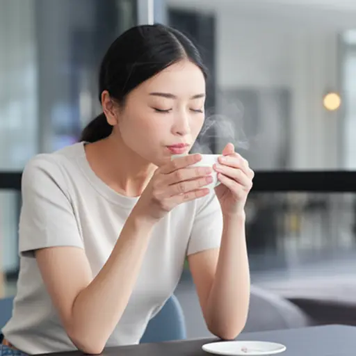 她在喝之前吹了吹咖啡。