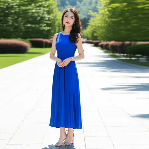 她穿了一条漂亮的蓝色连衣裙。