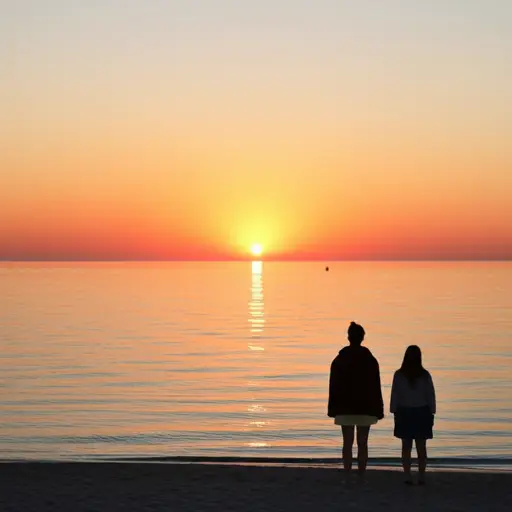 我们看着太阳在海面上落下。