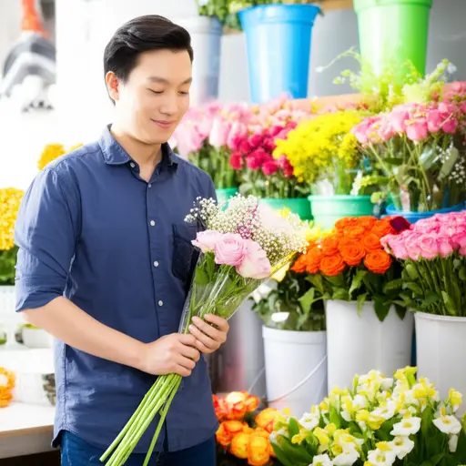 他正在为他的母亲买花。