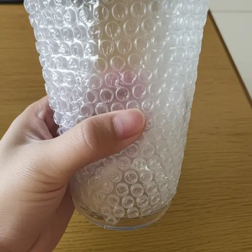 他将易碎物品用气泡膜包裹起来以防损坏。