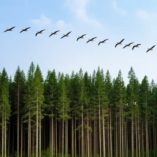 一群大雁从树林上空飞过。