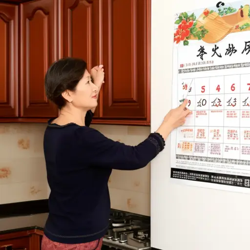 我妈妈在厨房里挂了一个很大的日历。