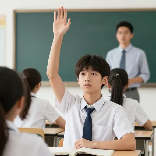 他举起手来问问题。
