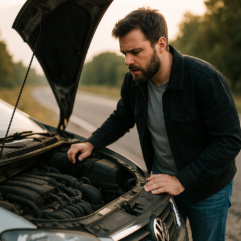 发动机发出奇怪的声音，他立刻靠边停车。