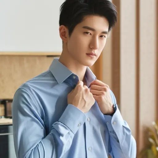 面试前，他整理了一下衬衫的领子。