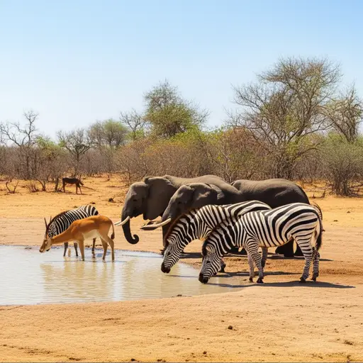 动物们来到水坑喝水。