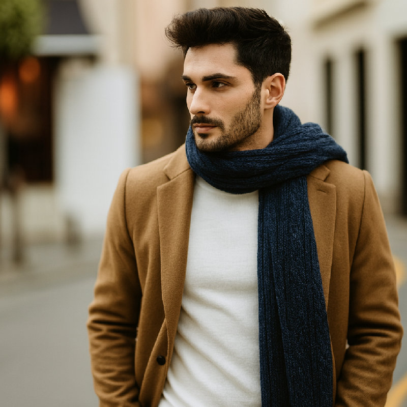 他戴着一条围巾。