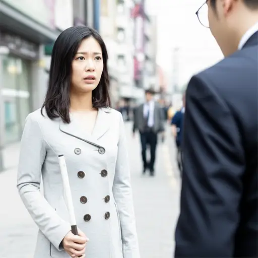 她告诉他她是盲人，找不到她的导盲犬了。