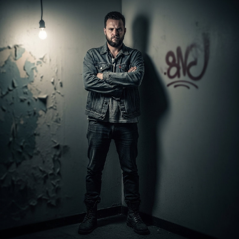 他站在角落里，双臂交叉在胸前，看起来不好接近。