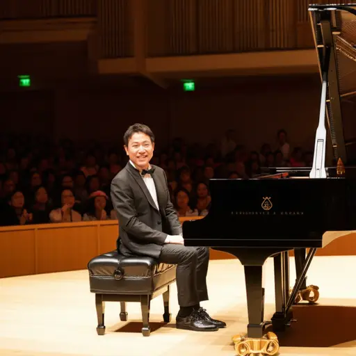 钢琴家在凳子上旋转过来面对观众。