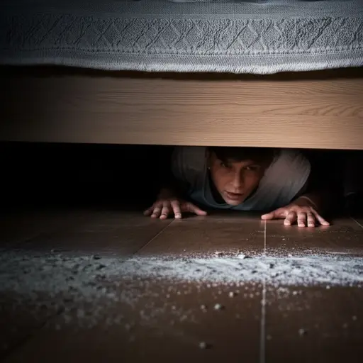 听到一声响动后，我从床底下爬了出来。