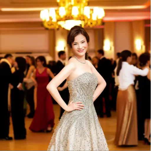 在舞会上，她穿着礼服光彩照人，感觉自己像个公主。