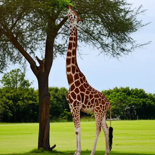 长颈鹿用它的长脖子够到高大树木上的叶子。