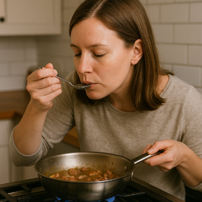 她在试味看看咸淡合不合适。