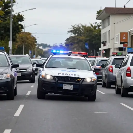 警车突然停下，挡住了道路。