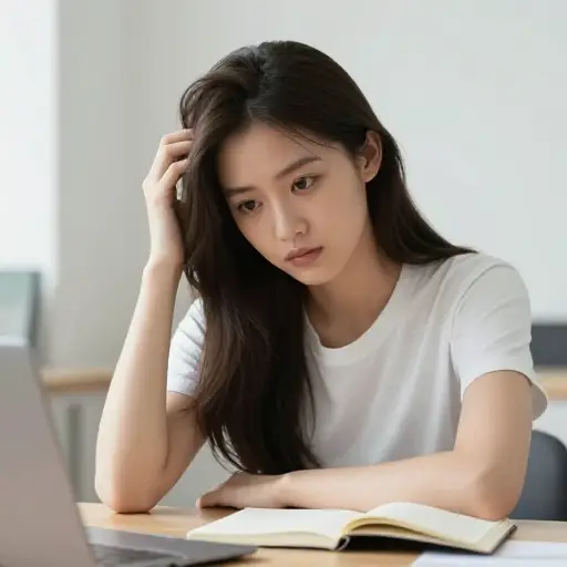 她一边思考问题，一边若有所思地挠着头。