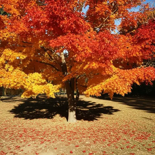 秋天的树叶变成了红色和黄色。