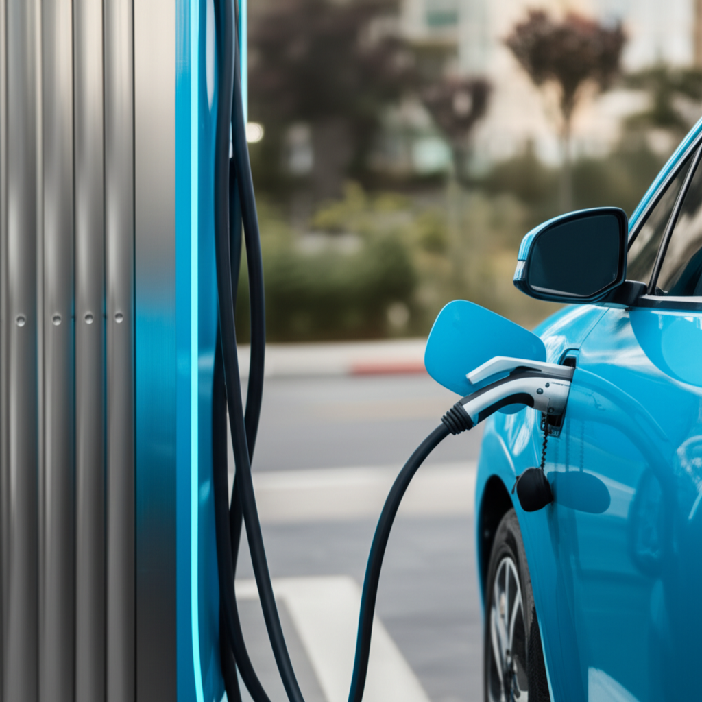 这辆蓝色的电动汽车正在充电。