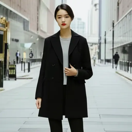 她穿着一件黑色外套。