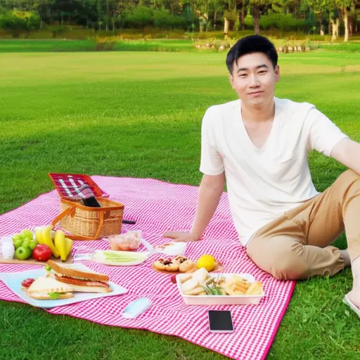 他坐在地上野餐。