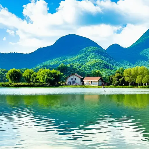 村庄旁的小湖在阳光下闪闪发光。