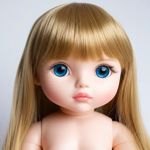这个洋娃娃有金色的头发和蓝色的眼睛。