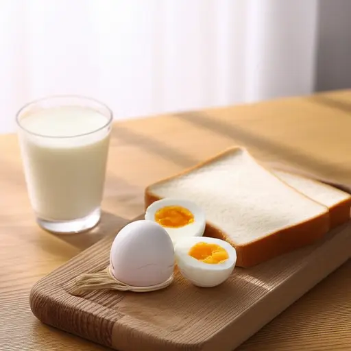 我早餐吃了一个鸡蛋和一片面包。