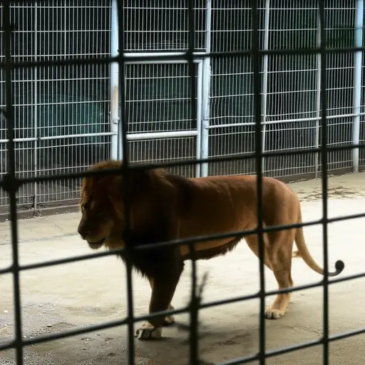 狮子在它的大笼子里来回踱步。