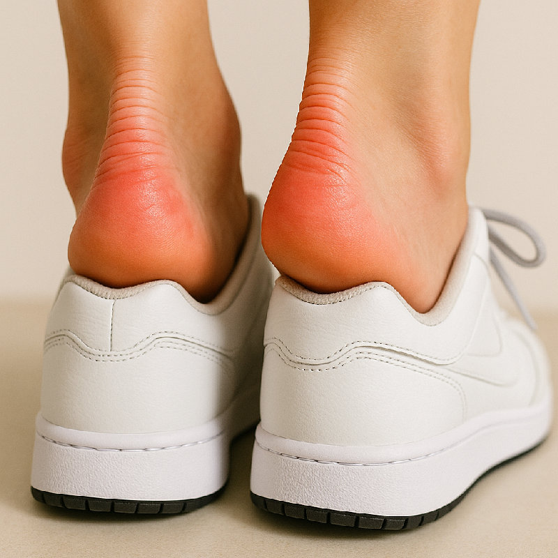 她因为穿新鞋，脚后跟都被磨红了。