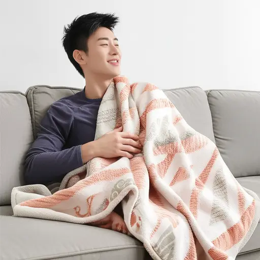 把毯子盖在身上保暖。