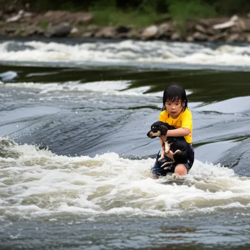 那个小女孩勇敢地从湍急的河流中救出了一只小狗。