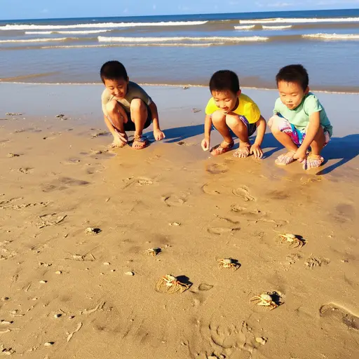 孩子们被沙滩上疾走的螃蟹迷住了。