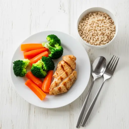 午餐时，我尽量吃一顿包含蛋白质和蔬菜的均衡餐食。