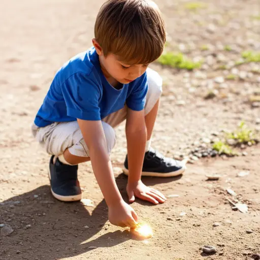 孩子从地上捡起一个明亮、闪光的物体。