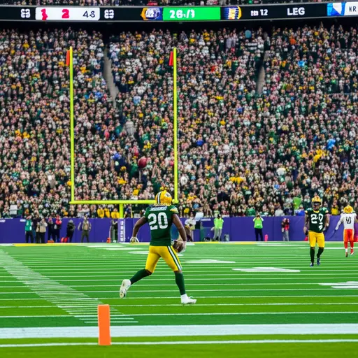 在足球比赛还剩两分钟时，包装工队达阵得分。