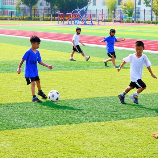 他们在操场上踢球。