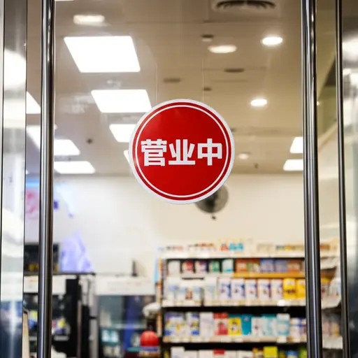 商店门口有一个“营业中”的牌子。