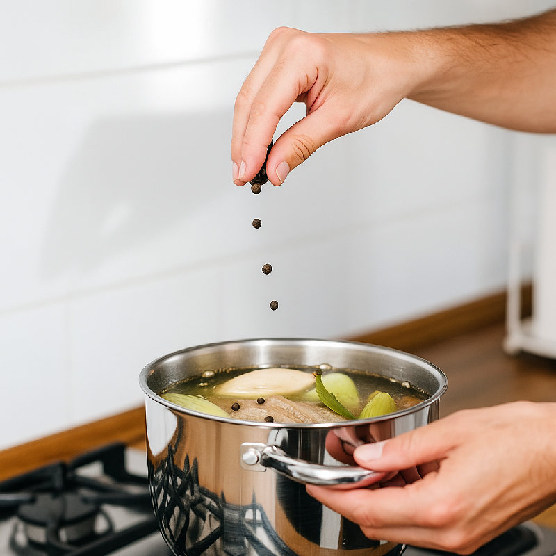 他正在给汤调味。