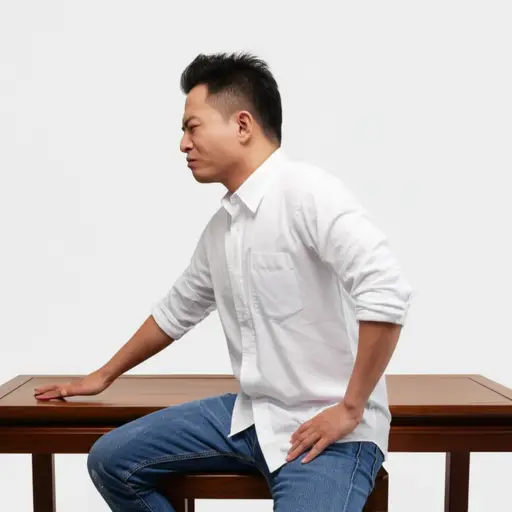 他坐在一把硬椅子上，臀部疼。