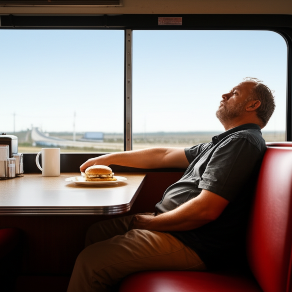 一个汉堡放在他面前的盘子里。