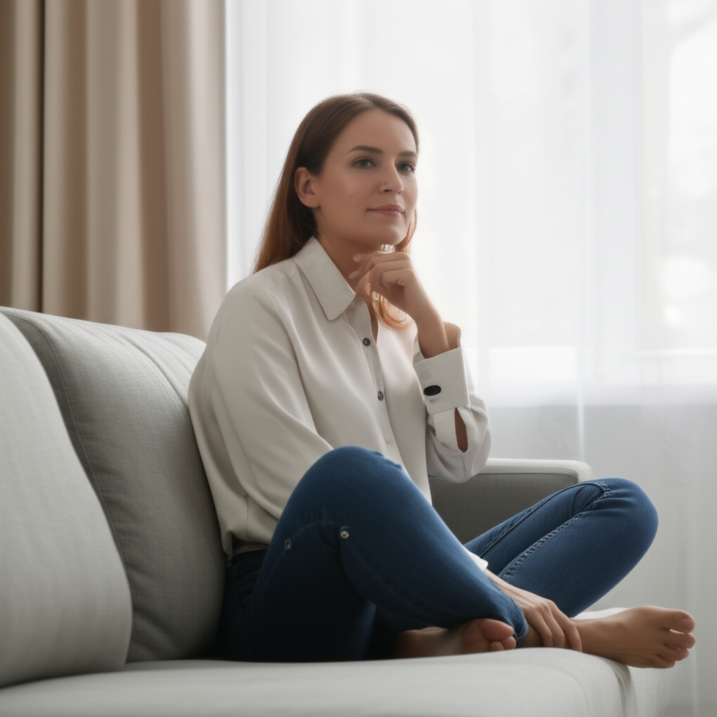 她穿着白色衬衫和牛仔裤