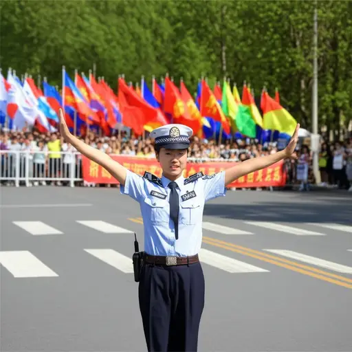 女警察在游行期间指挥交通。