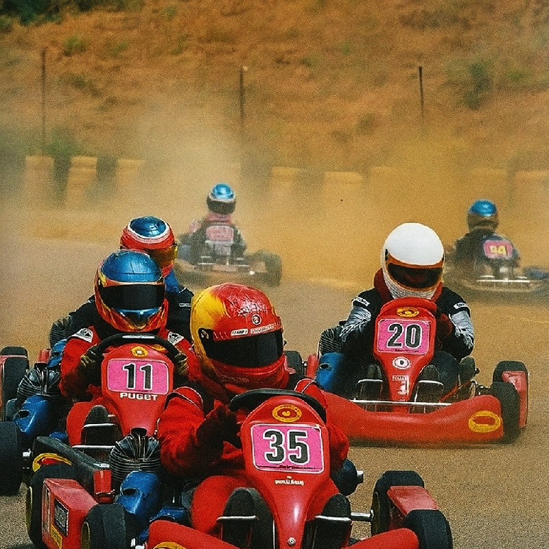 许多卡丁车靠得很近。这是一场激烈的比赛。