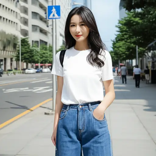 她穿着牛仔裤和一件T恤。