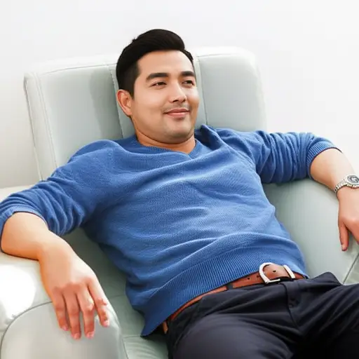 他向后靠在沙发上。