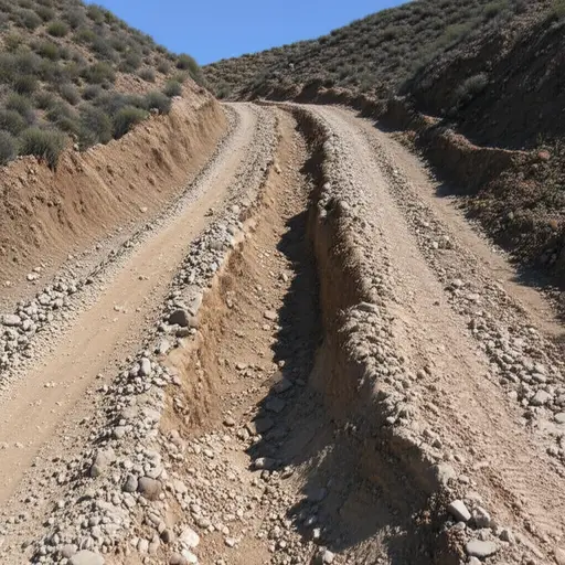 那是一条崎岖的山路，覆盖着石头和大坑。
