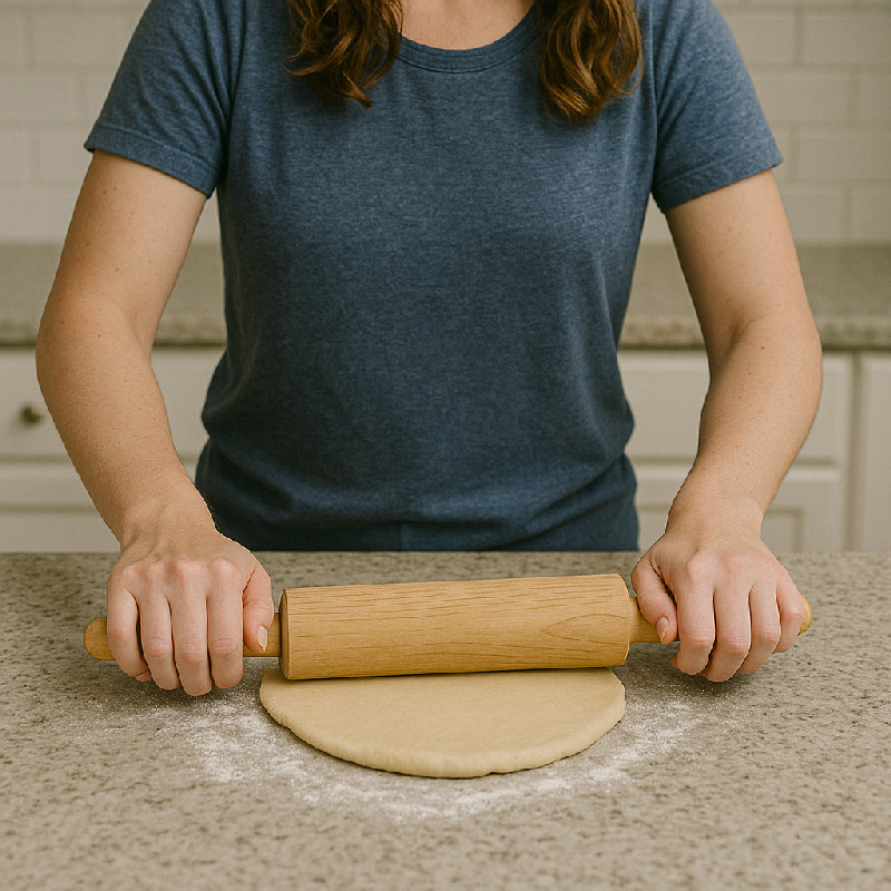 她用擀面杖擀面皮。