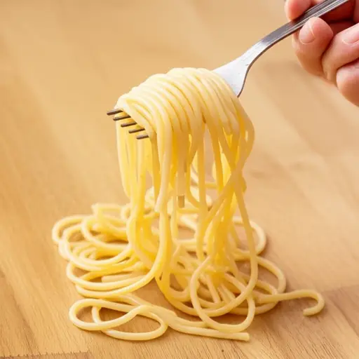 我用叉子吃意大利面。