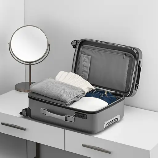她的行李箱开着放在梳妆台上。